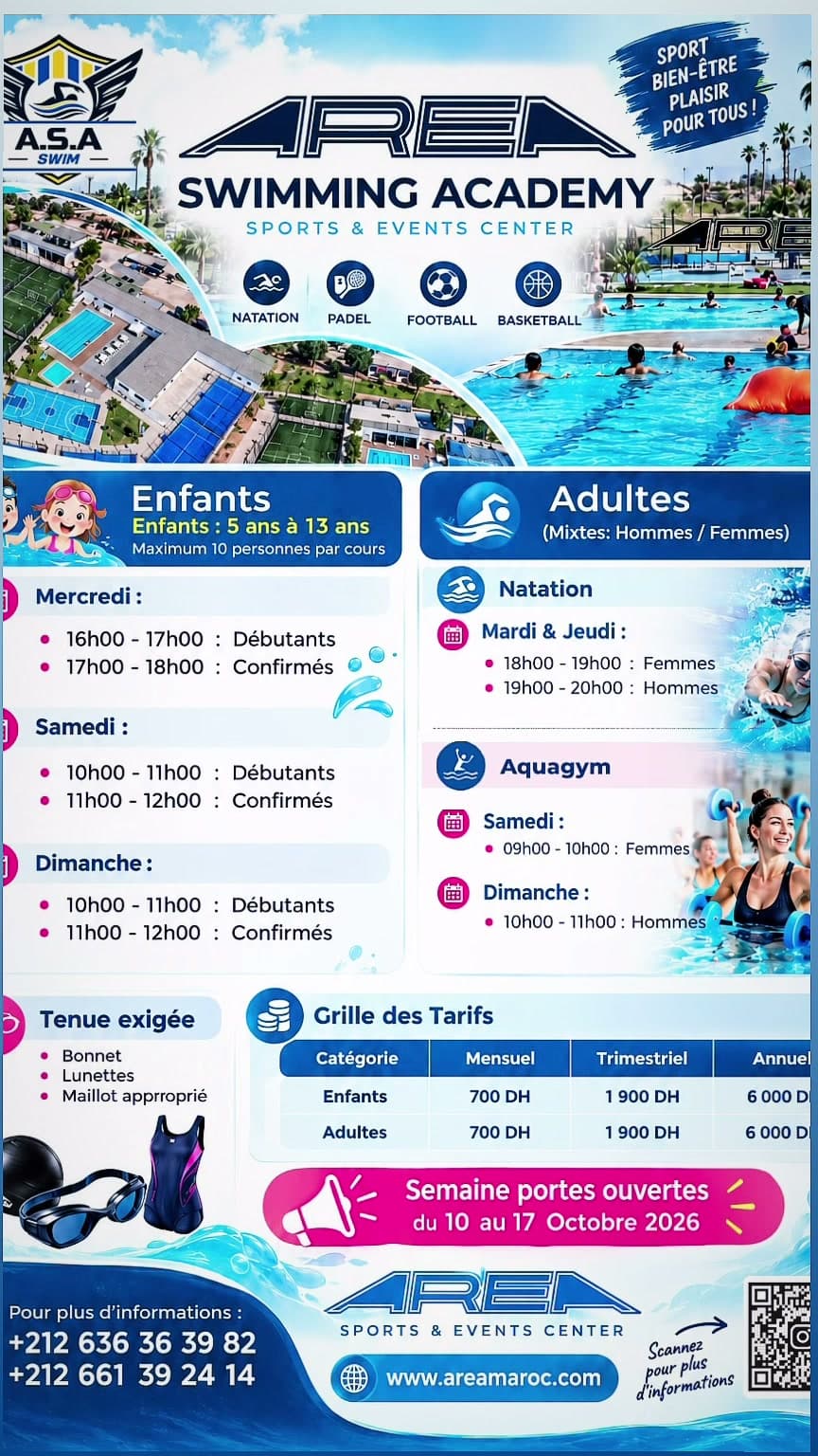 Affiche AREA Swimming Academy, semaine portes ouvertes du 10 au 17 octobre 2026
